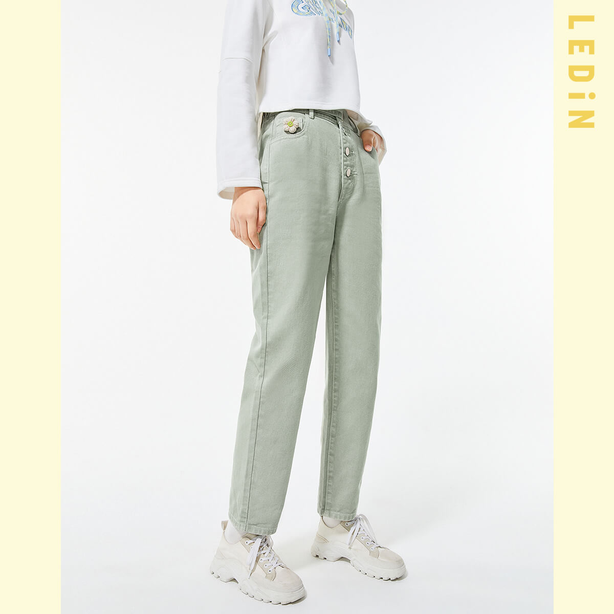 直筒牛仔褲女春季新款褲子女裝童趣花花牛仔褲寬鬆